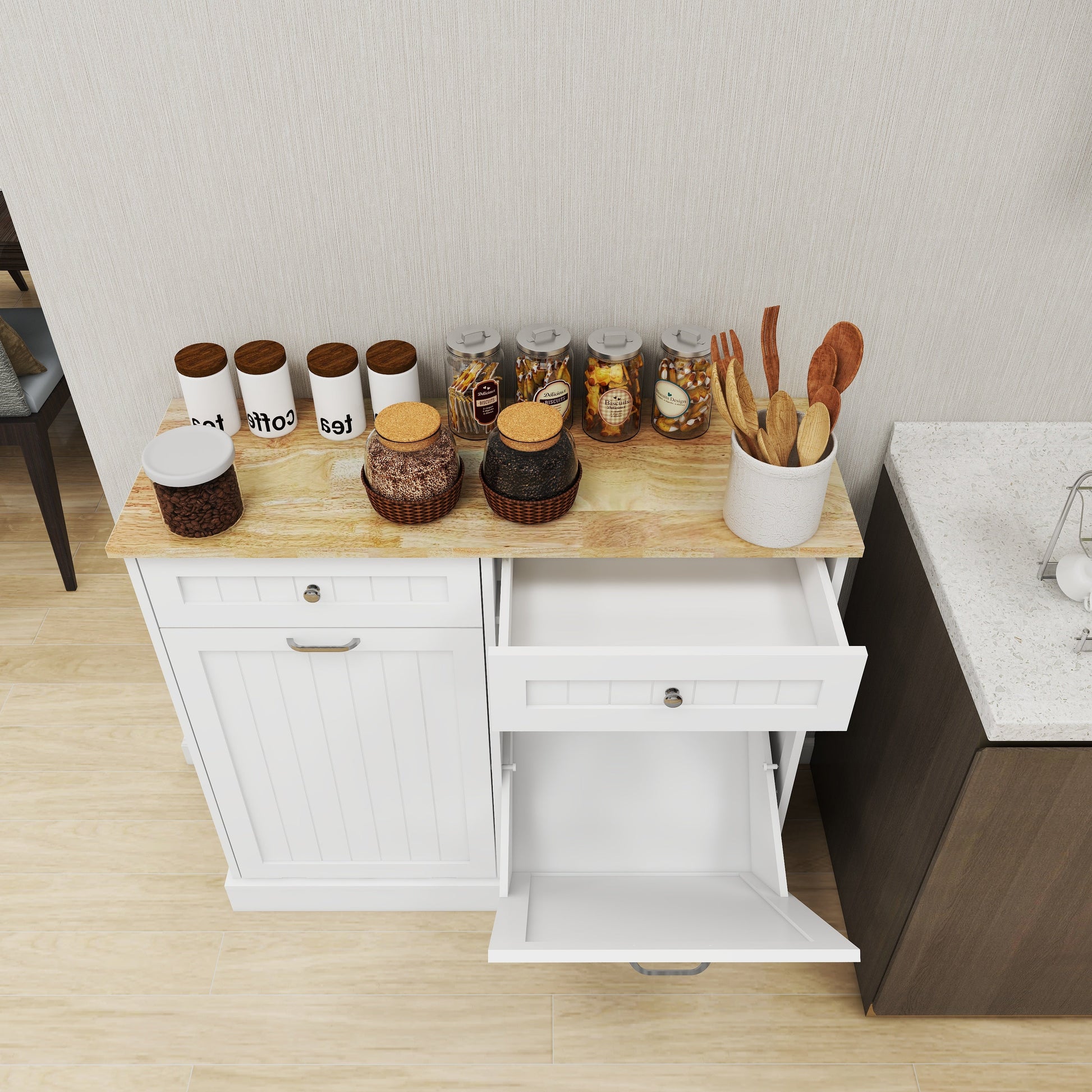Two Drawers and Two-Compartment Tilt-Out Trash Cabinet Kitchen Trash Cabinet-White - Korvel