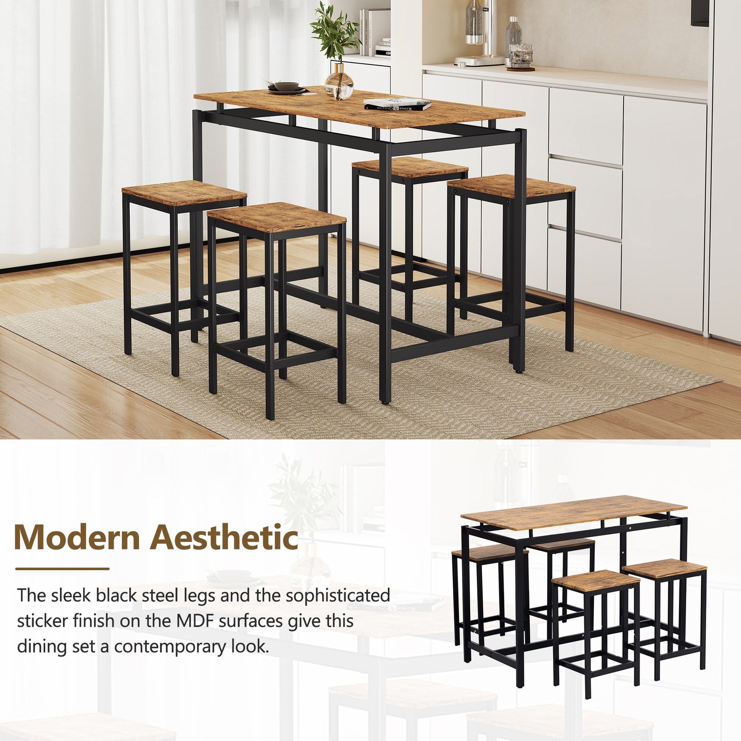 TREXM 5-piece compact bar table with table and stool - modern industrial design brown - Korvel