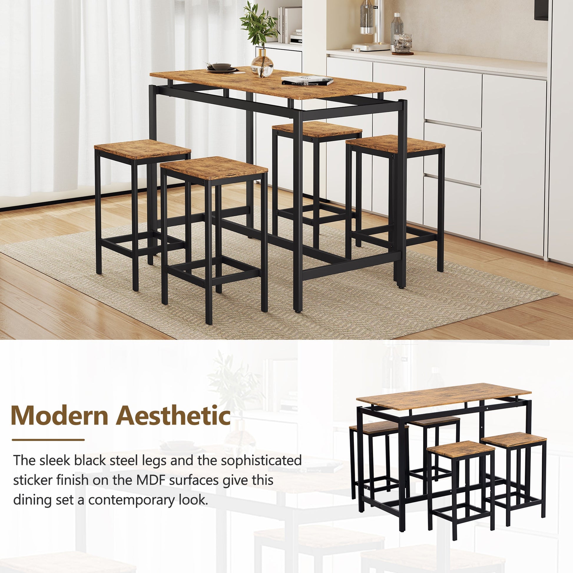 TREXM 5-piece compact bar table with table and stool - modern industrial design brown - Korvel