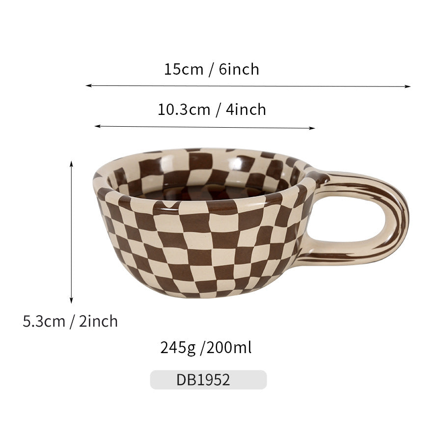 A 300ml ceramic retro couple checkerboard grid small capacity milk white wind mug coffee cups - Korvel