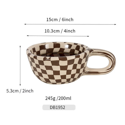 A 300ml ceramic retro couple checkerboard grid small capacity milk white wind mug coffee cups - Korvel