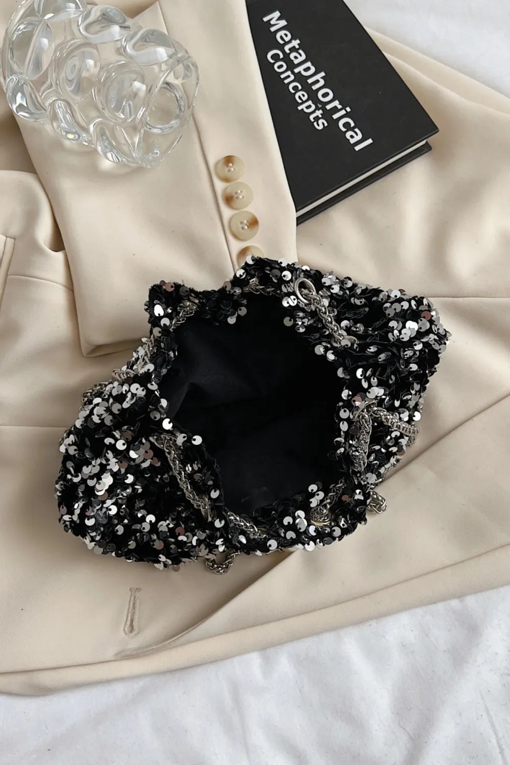 Sequin Chain Drawstring Bucket Bag - Korvel