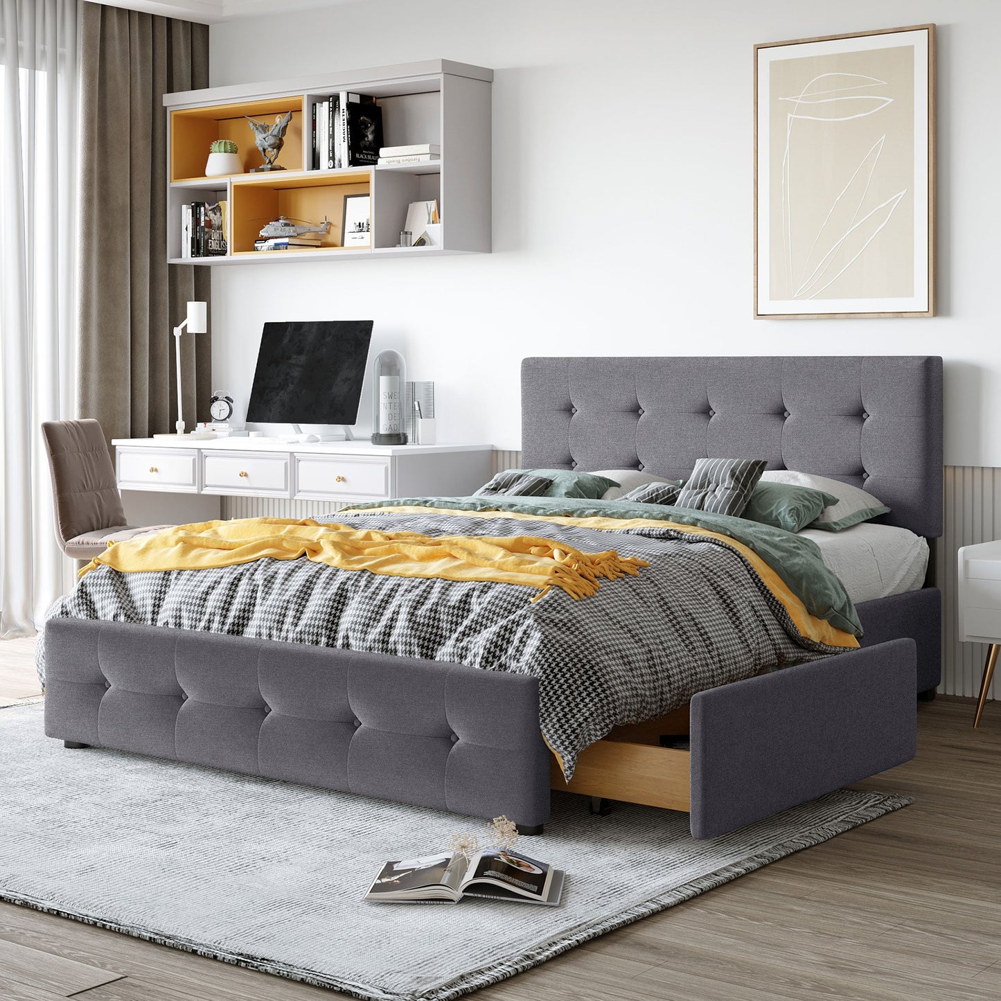 Upholstered Platform Bed with Classic Headboard and 4 Drawers No Box Spring Needed Linen Fabric Queen Size Dark gray - Korvel