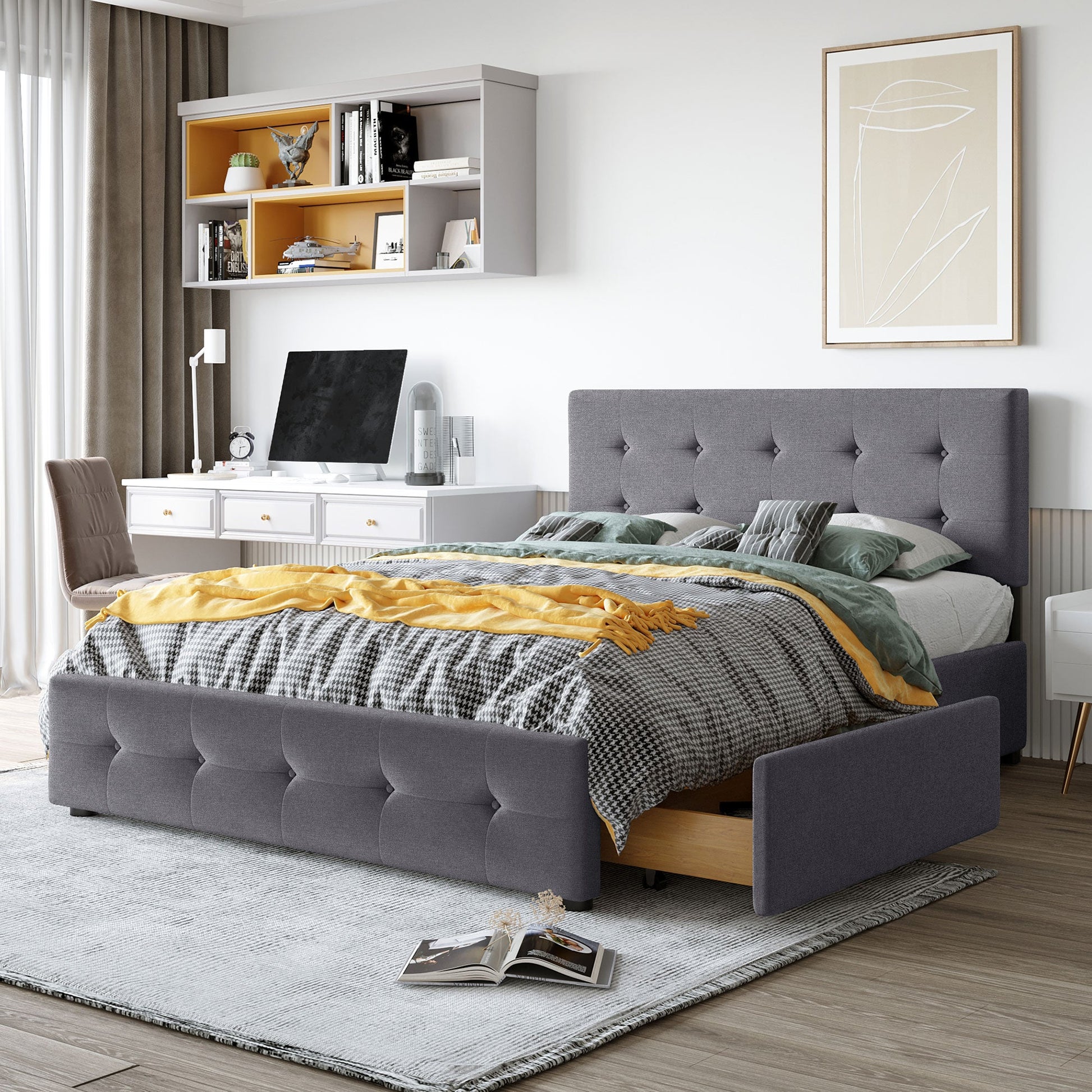 Upholstered Platform Bed with Classic Headboard and 4 Drawers No Box Spring Needed Linen Fabric Queen Size Dark gray - Korvel