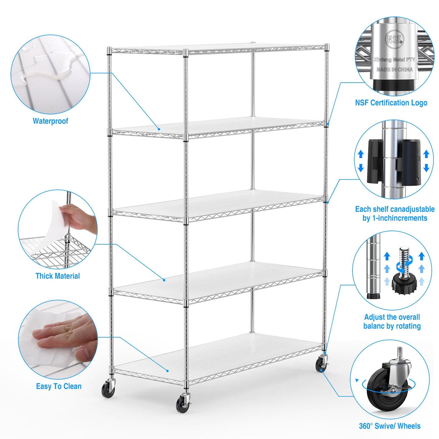 5 Tier 6000lbs Heavy Duty Adjustable Storage Rack Metal Shelf Wire Shelving Unit Chrome - Korvel