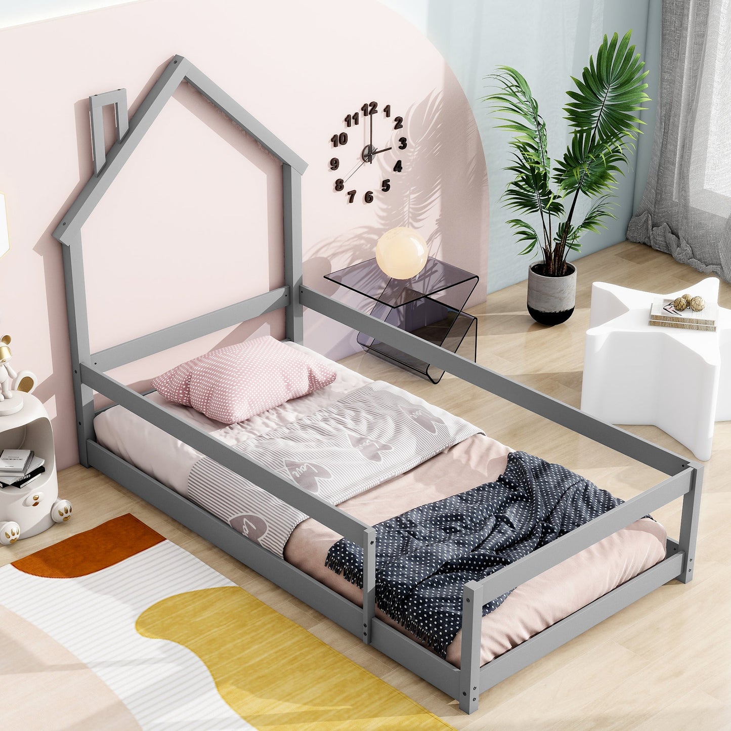 Lit simple taille jumeau en bois gris avec tête de lit en forme de maison