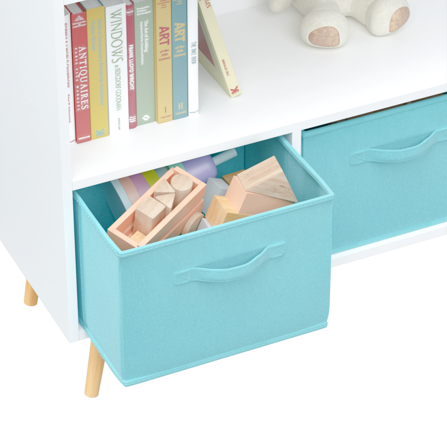 Kids bookcase with Collapsible Fabric Drawers Children's Book Display Toy Storage Cabinet Organizer White/Blue - Korvel