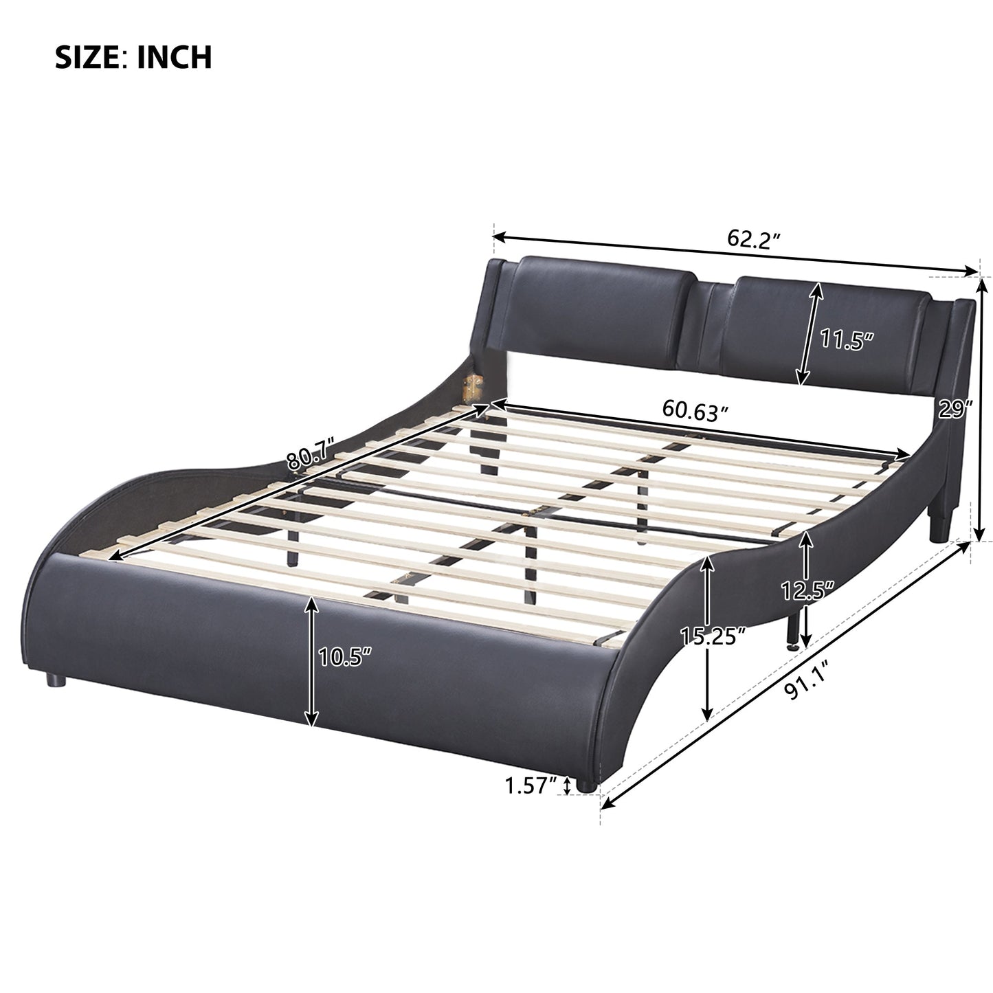 Queen Size Upholstered Faux Leather Platform Bed with LED Light Bed Frame with Slatted - Black - Korvel