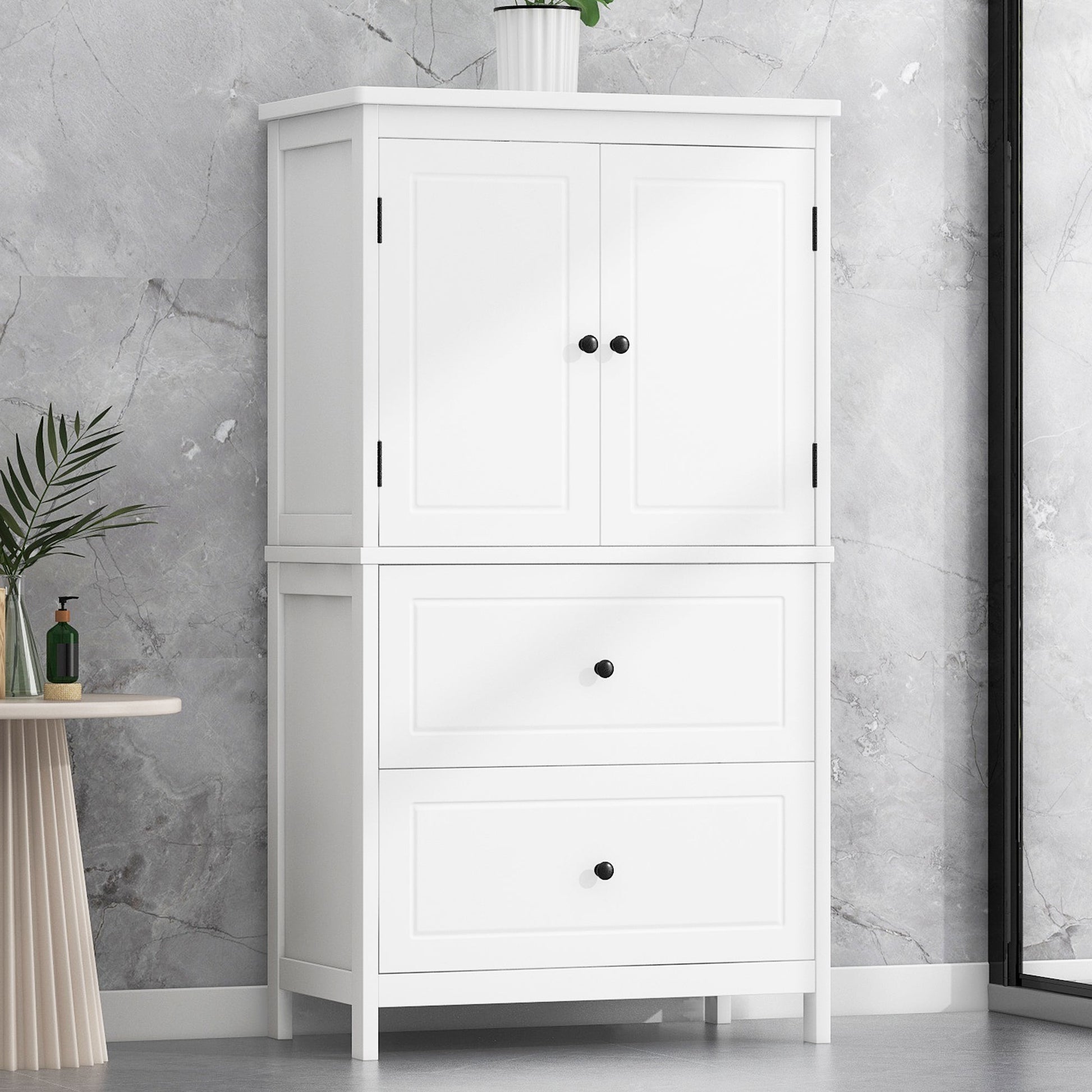 Bathroom Storage Cabinet, Cabinet with Two Doors and Drawers, Adjustable Shelf, MDF Board, White - Korvel
