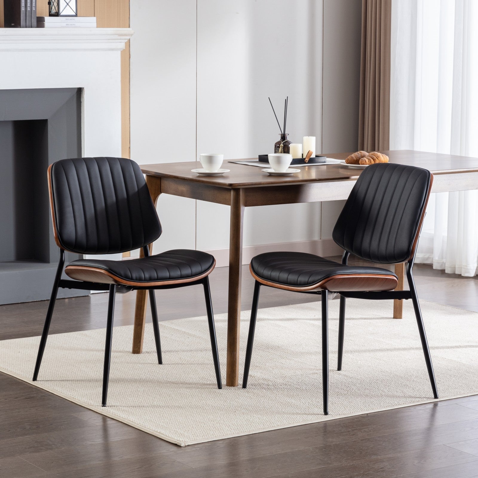 2-piece retro linen chair set with curved wooden backrest, cushioned seat, adjustable metal legs, (Black PU) - Korvel