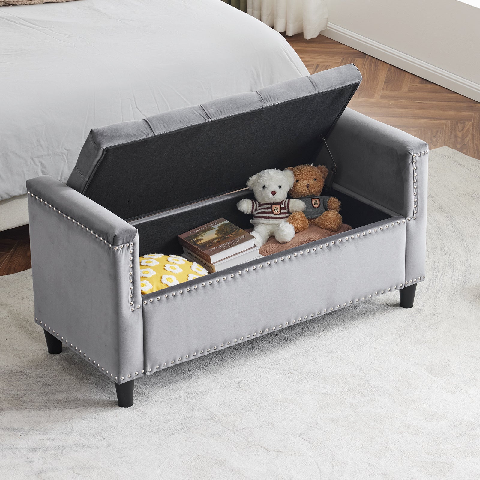 Storage Bench, 44.5-Inch Queen Velvet Button Bedside Bench, Entryway Living Room with Armrests, Nailhead Trim Gray - Korvel