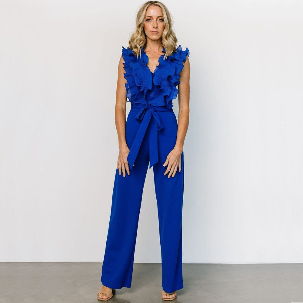 Sexy V-neck Backless Ruffle Tie-up Jumpsuit Casual Long Comfortable Fitted Women's Clothing - Korvel