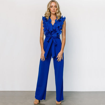 Sexy V-neck Backless Ruffle Tie-up Jumpsuit Casual Long Comfortable Fitted Women's Clothing - Korvel