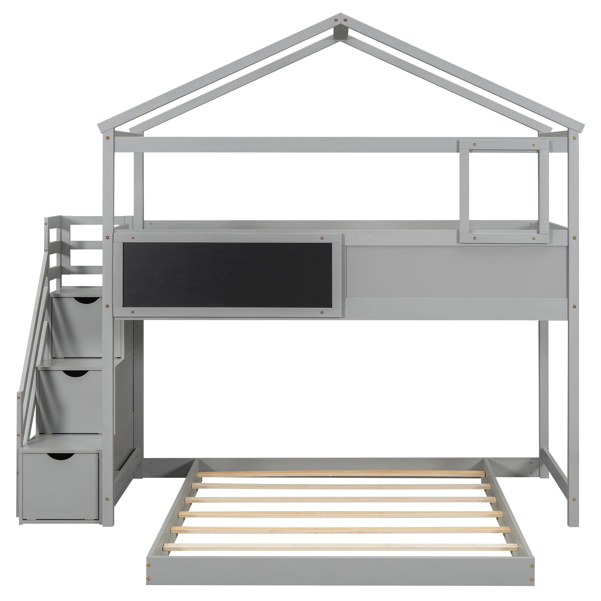 Twin over Full House Bunk Bed with Storage Staircase and Blackboard Gray - Korvel