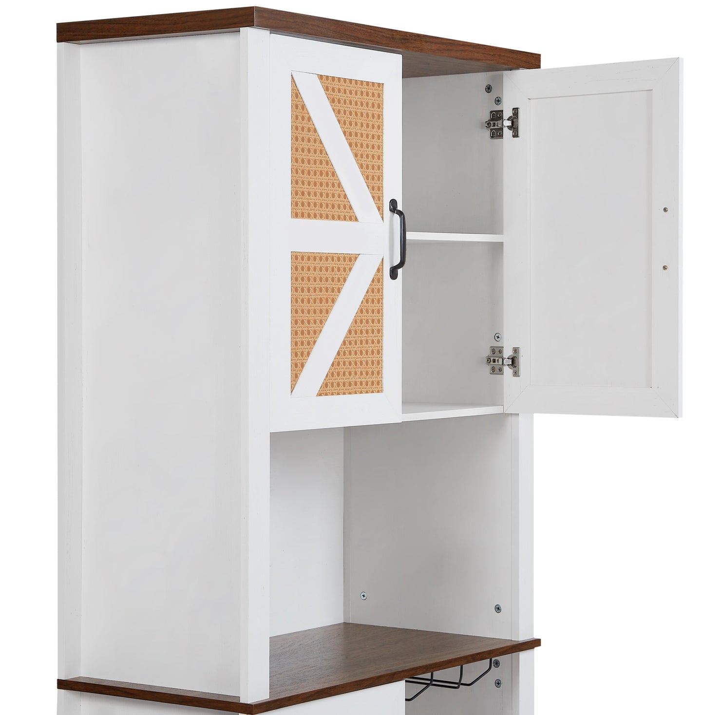 76 Inch Tall Farmhouse Kitchen Faux Rattan Wine Cabinet, Kitchen Bar Cabinet with Square Compartments and Shelves - Korvel