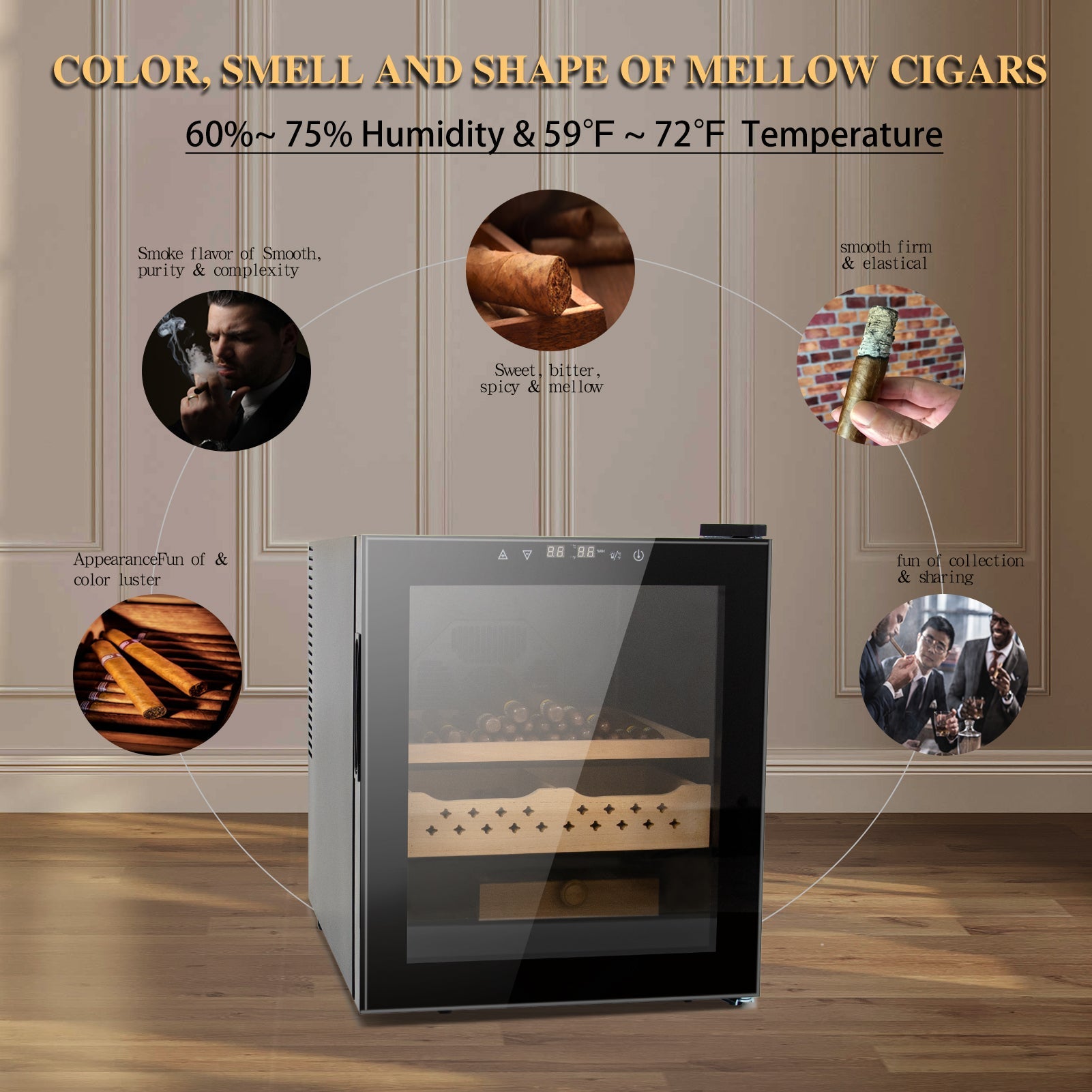 50L Cigar Humidors with 3-IN-1 Cooling, Heating & Humidity Control, 250 Counts Capacity Cigar Humidor Humidifiers with Constant Temperature Controller - Korvel