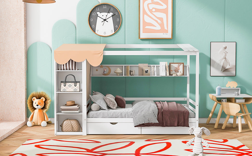 Twin Size House Bed with Two Drawers and Wardrobe - White