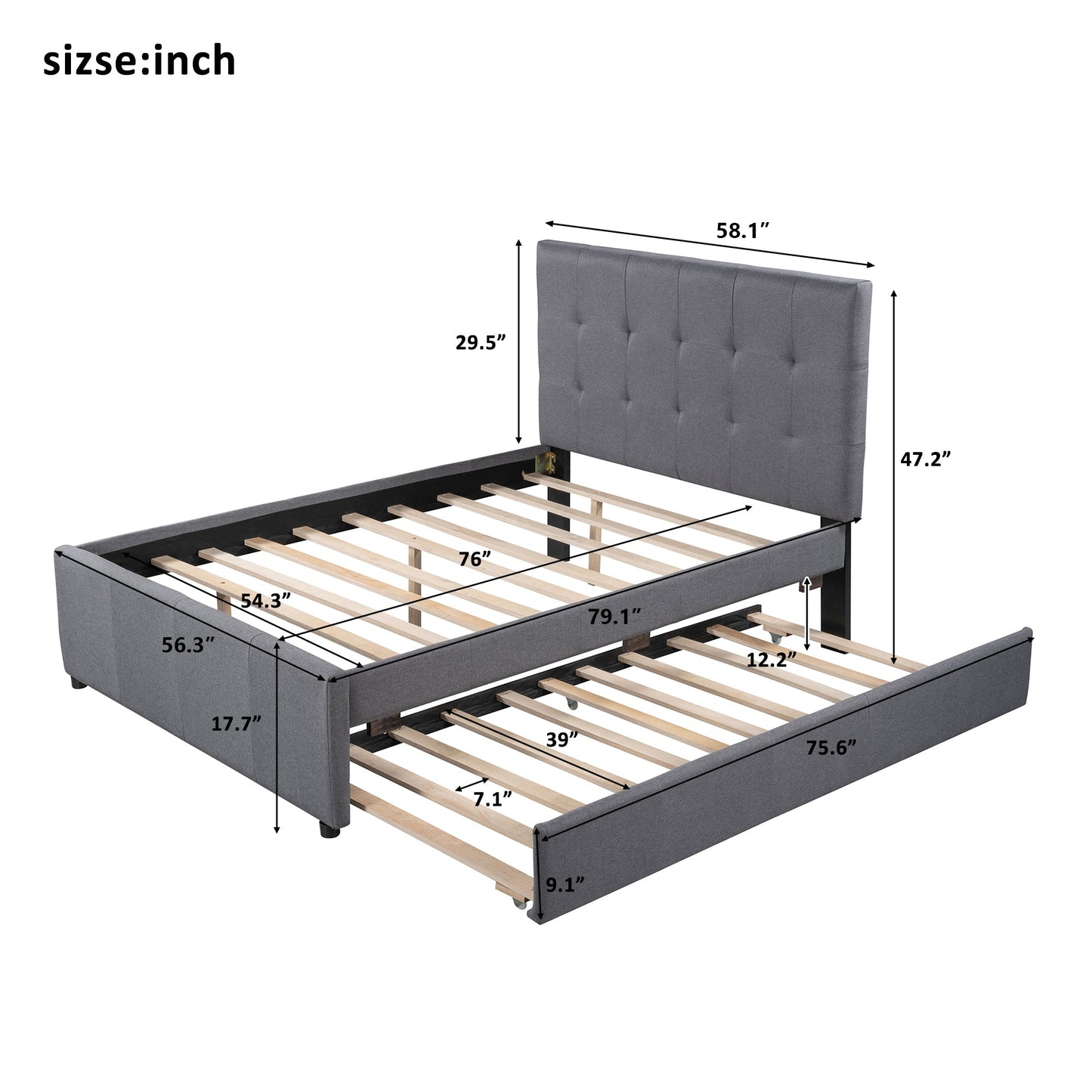 Linen Upholstered Platform Bed with Headboard and Trundle - Full