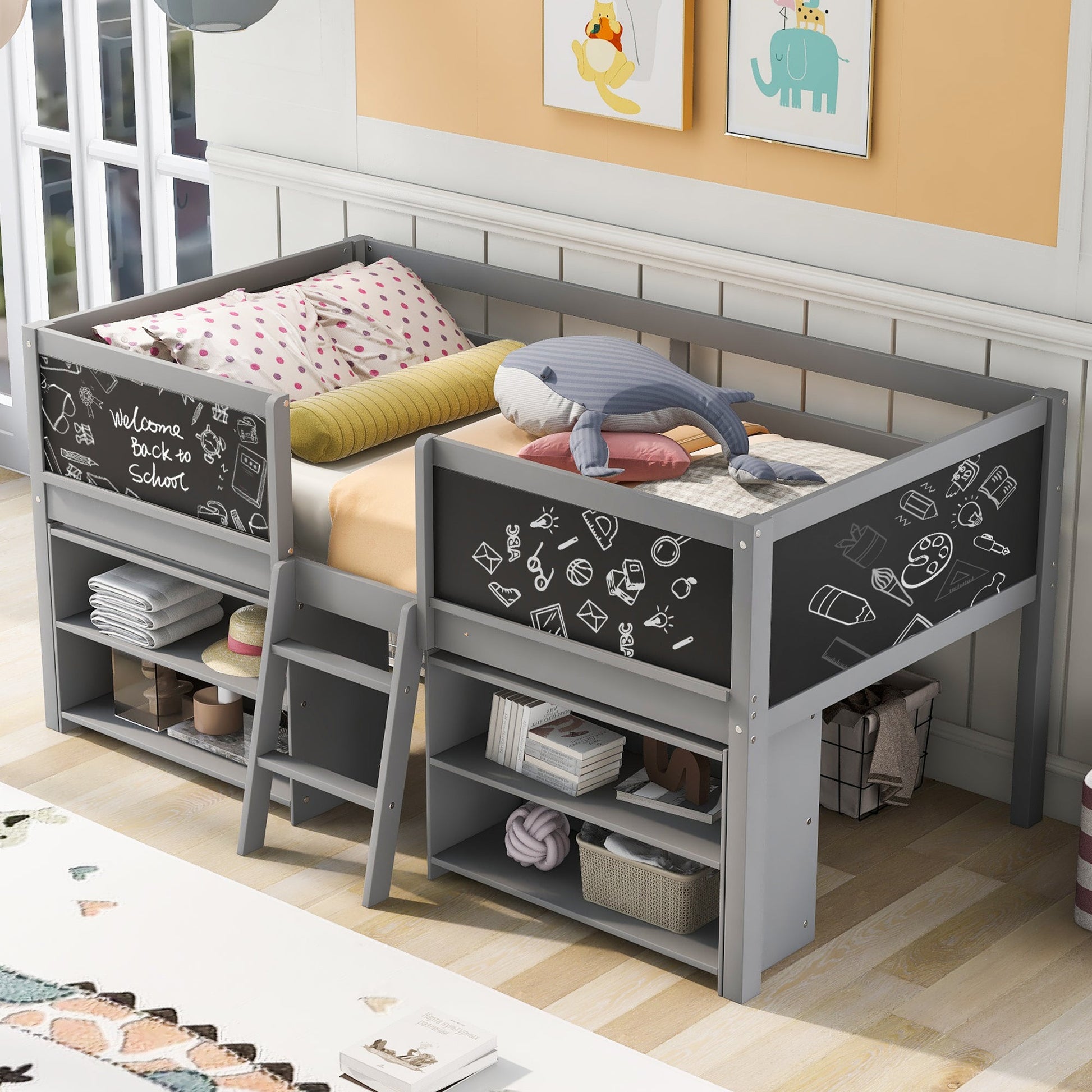Twin Size Low Loft Bed with Two Movable Shelves and Ladder,with Decorative Guardrail Chalkboard,Gray - Korvel