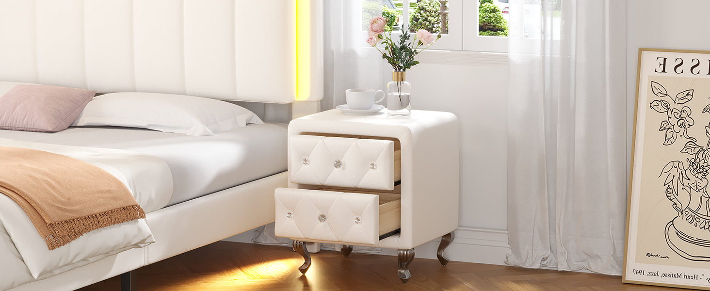Elegant PU bedside table with 2 drawers and crystal handles, storage with metal legs - white - Korvel
