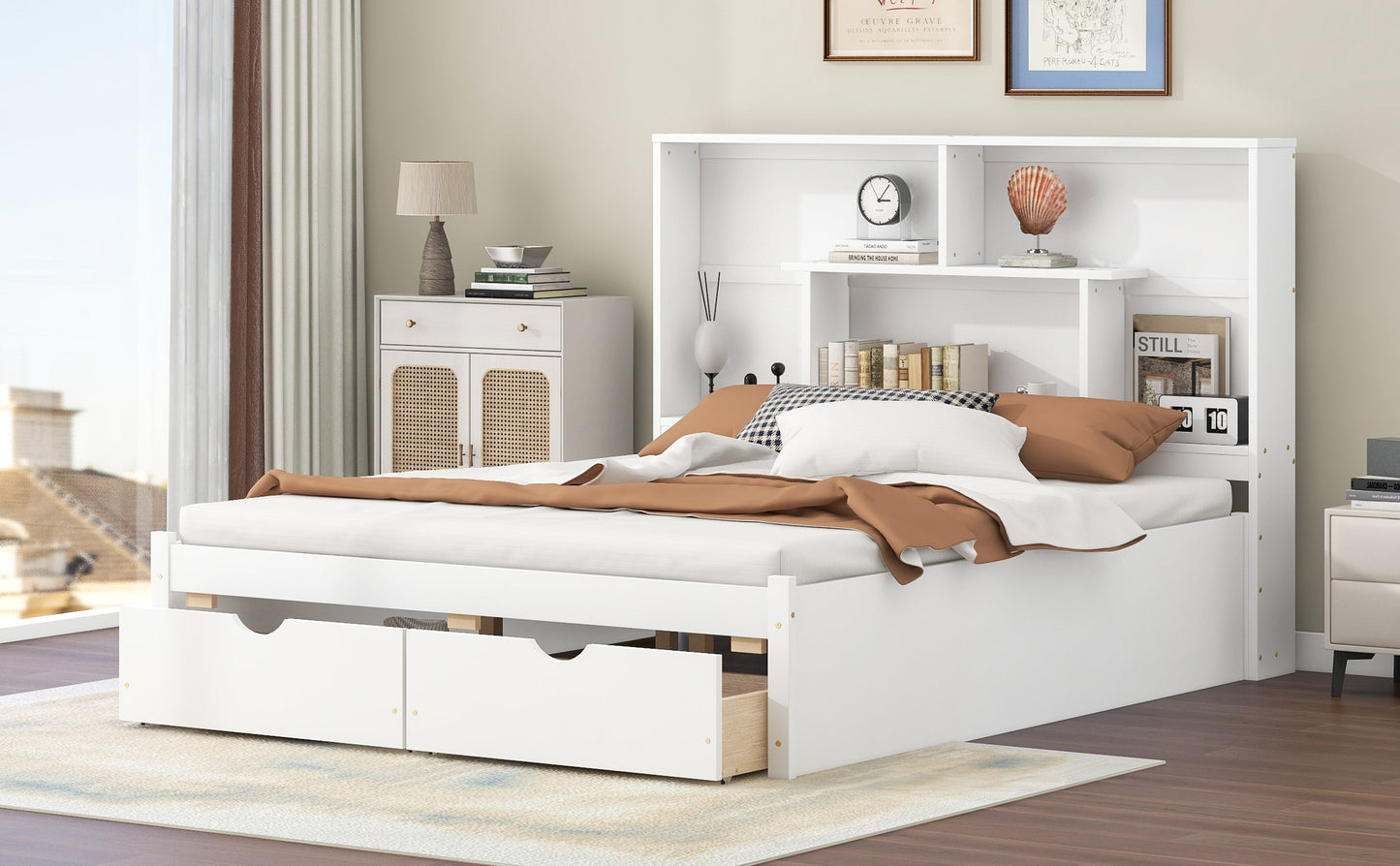 Elegant Queen Size Platform Bed with Storage Headboard, White