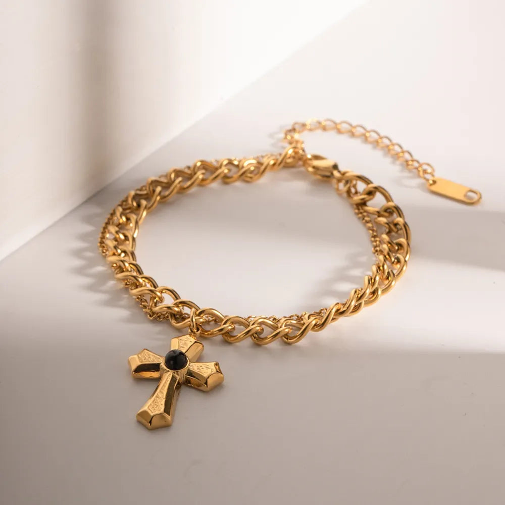 Stainless Steel Imitation Gemstone Cross Pendant Bracelet