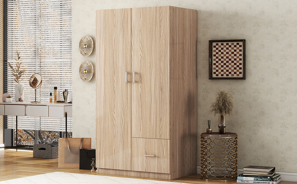 Wooden Wardrobe with Double Doors, Armoire with Hanging Rod, 5 Fixed Shelves, One Storage Drawer,Natural - Korvel