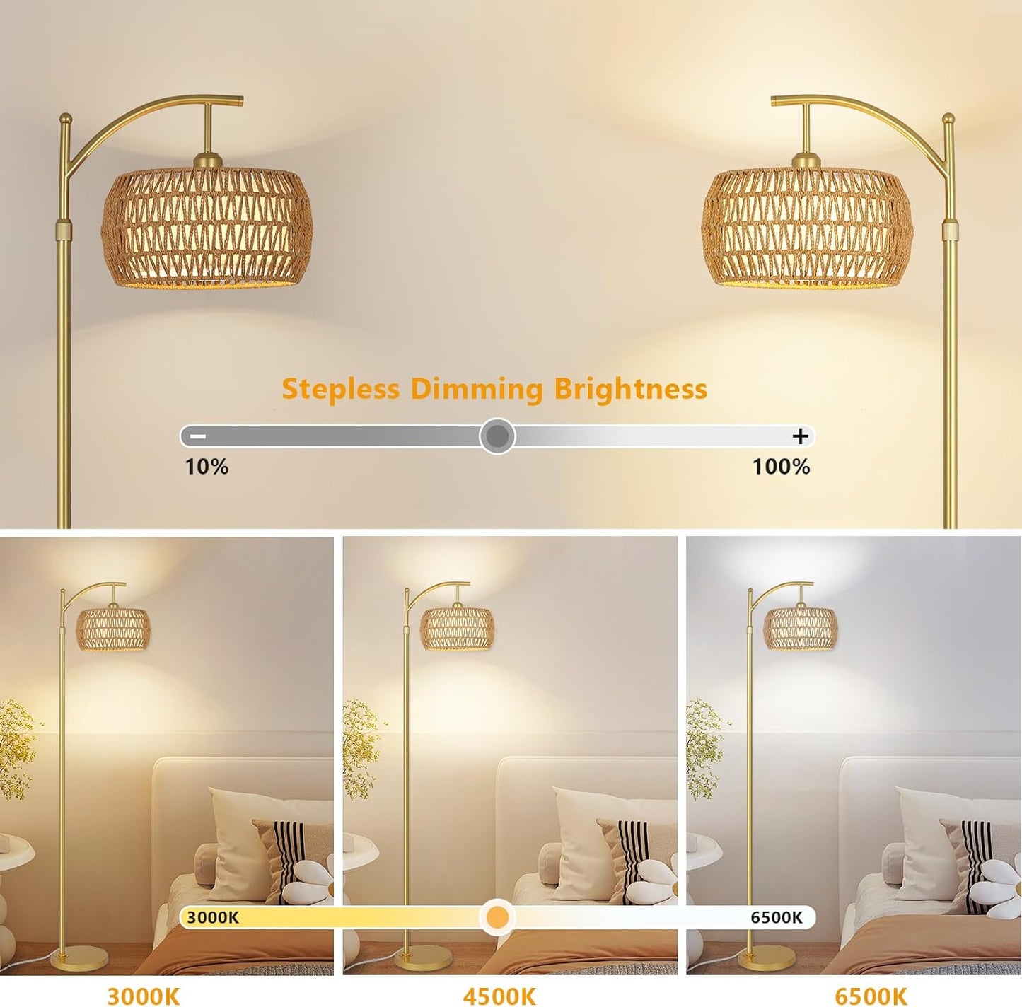 Arc Floor Lamp with 3 Color Temperatures, LED Gold Floor Lamp with Remote & Stepless Dimmable Bulb, Boho Standing Lamp - Korvel
