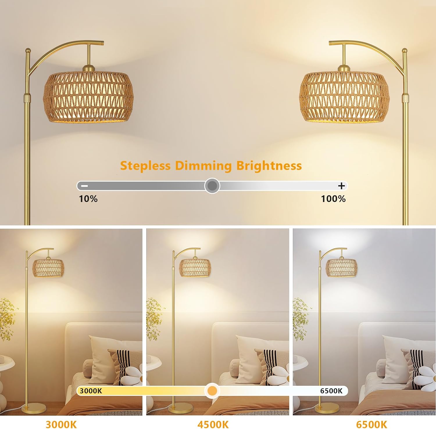 Arc Floor Lamp with 3 Color Temperatures, LED Gold Floor Lamp with Remote & Stepless Dimmable Bulb, Boho Standing Lamp - Korvel