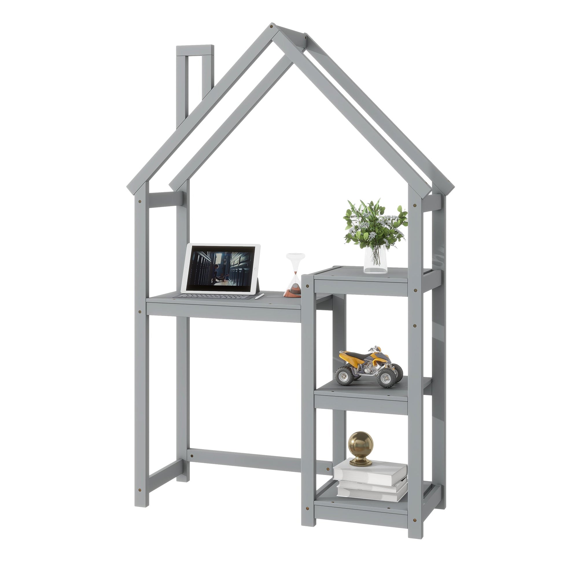 House-shaped Wooden writing Desk,Kids study Table,Bookshelf & Toy Storage,Grey - Korvel