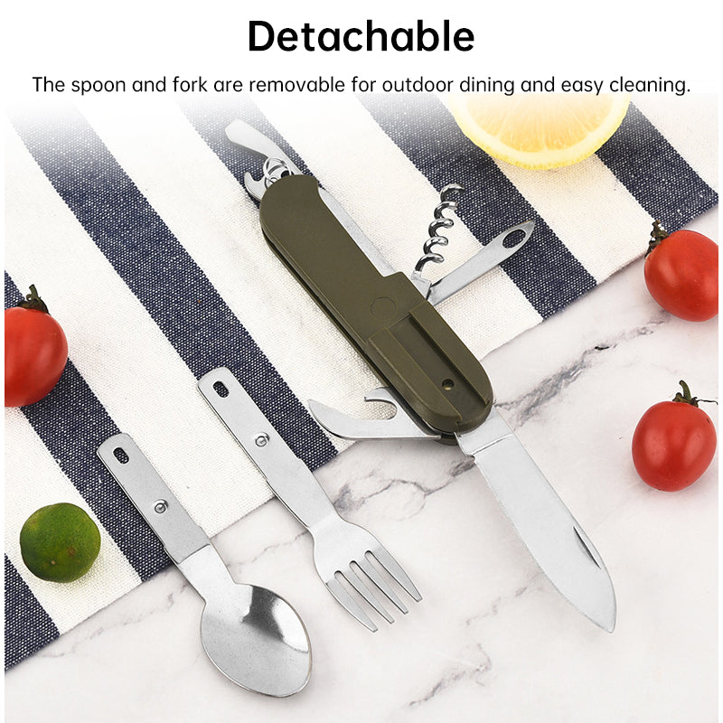 7-in-1 multifunctional stainless steel foldable outdoor camp tableware: fork, spoon, knife. Survival tools for picnic, camping. - Korvel