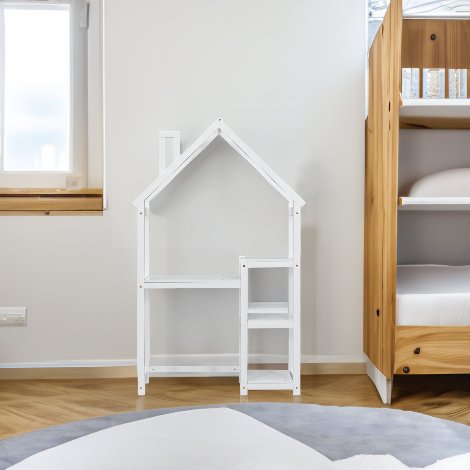 House-shaped Wooden writing Desk,Kids study Table,Bookshelf & Toy Storage,White - Korvel