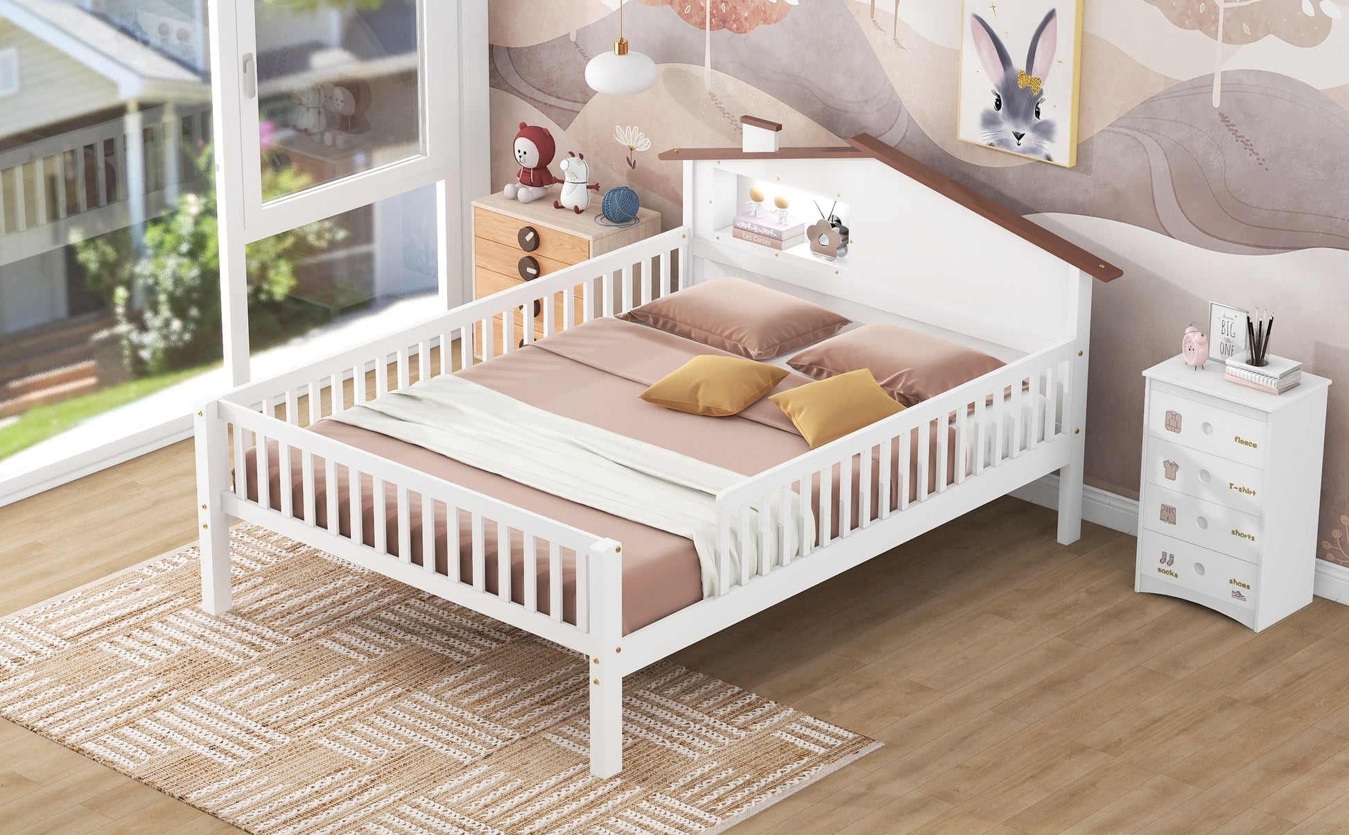 Full Size Wood Platform Bed with House-shaped Headboard, LED and Built-in Storage, White - Korvel