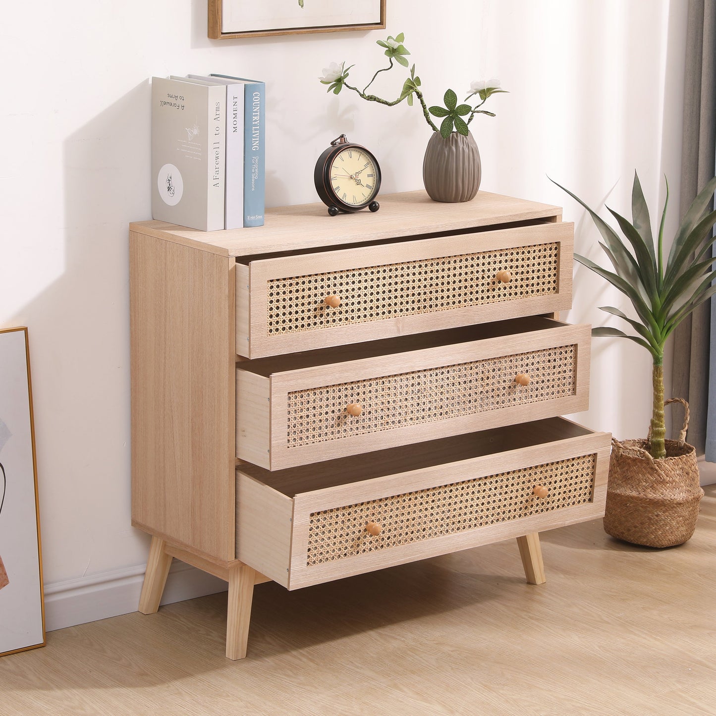 Cabinet de rangement en rotin à 3 tiroirs de 31,5" pour chambre et salon