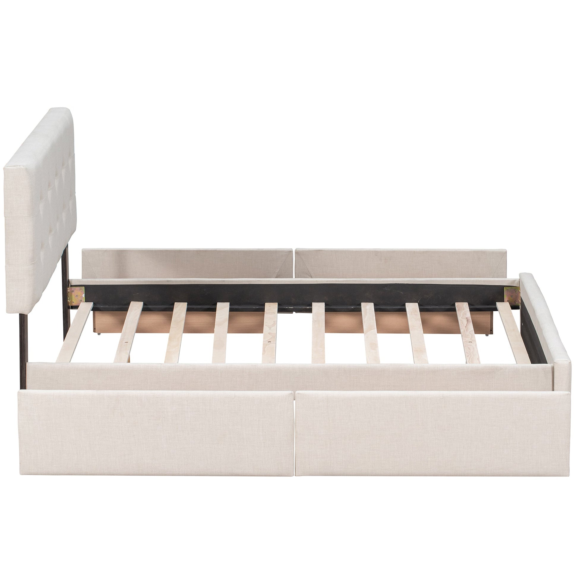 Upholstered Platform Bed with Classic Headboard and 4 Drawers No Box Spring Needed Linen Fabric Queen Size Beige - Korvel