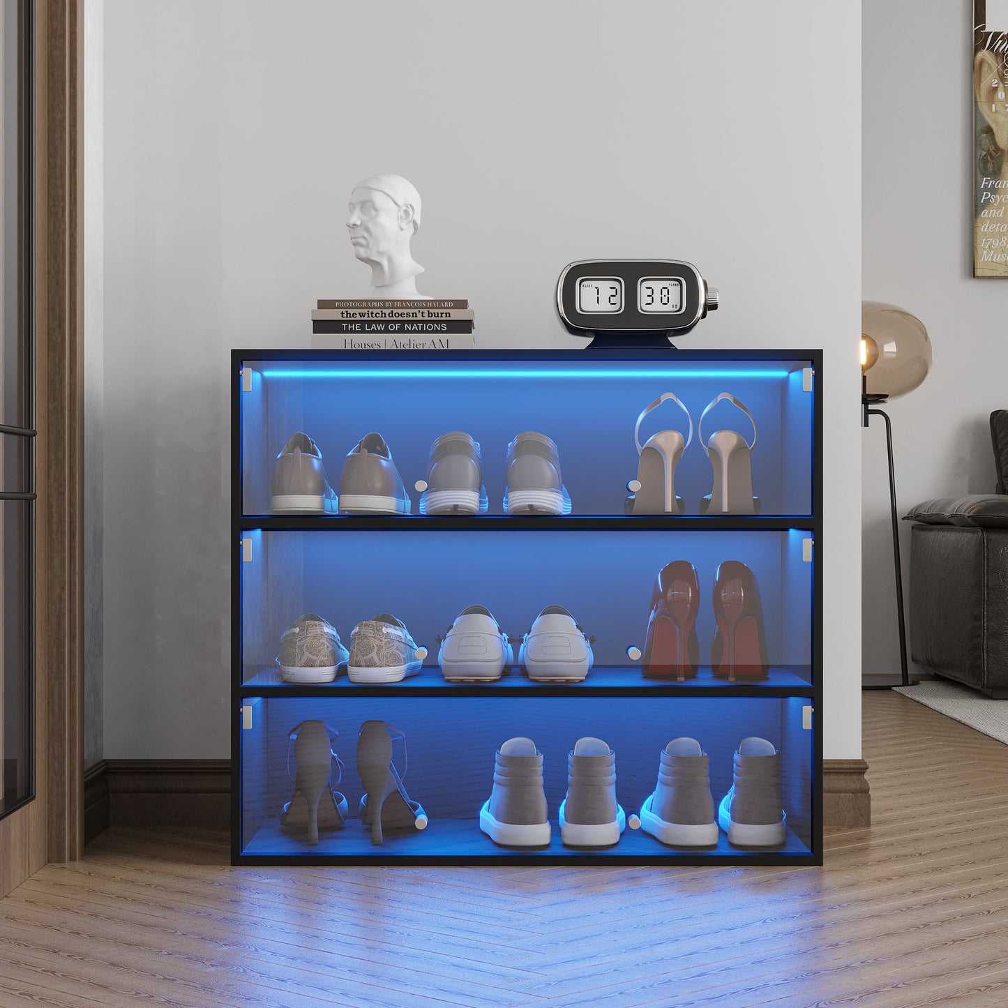 Black Glass Door Shoe Box Shoe Storage Cabinet With RGB Led Light - Korvel