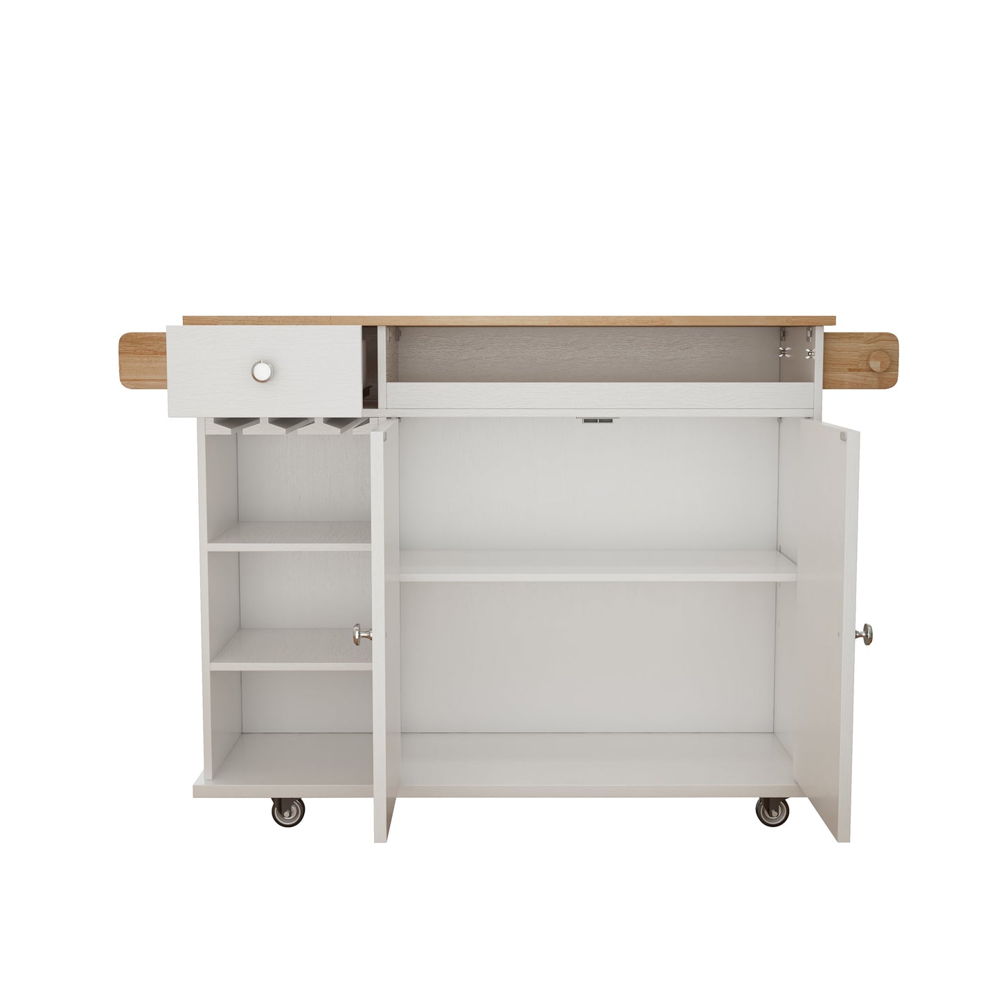 44 Inch Kitchen Island Cart with Solid Wood Top, Wine Storage, Spice Rack, Towel Rack, Wine Glass Holder White & Oak - Korvel