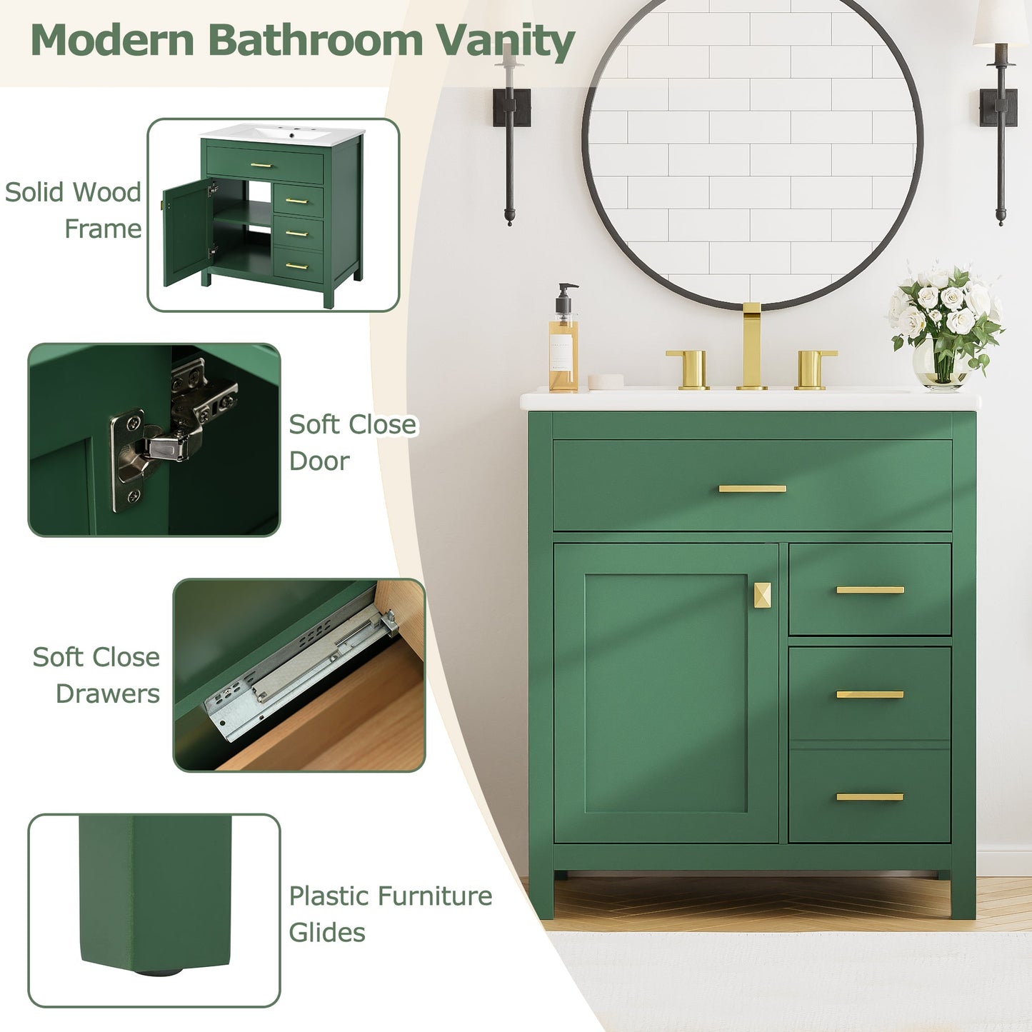 30-Inch Green Bathroom Vanity with Ceramic Sink