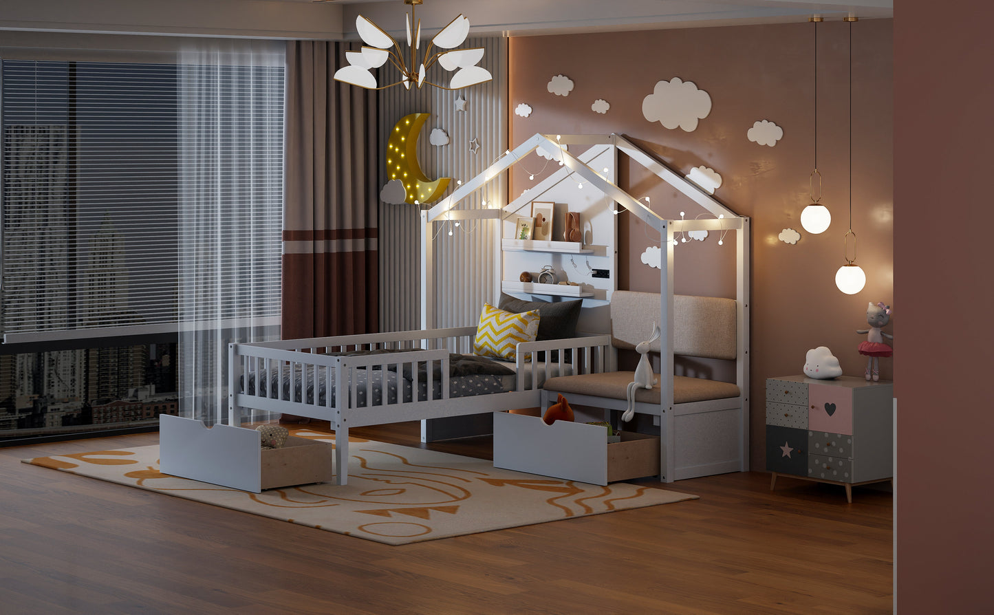 Twin Size House Bed with Upholstered Sofa and Charging Station