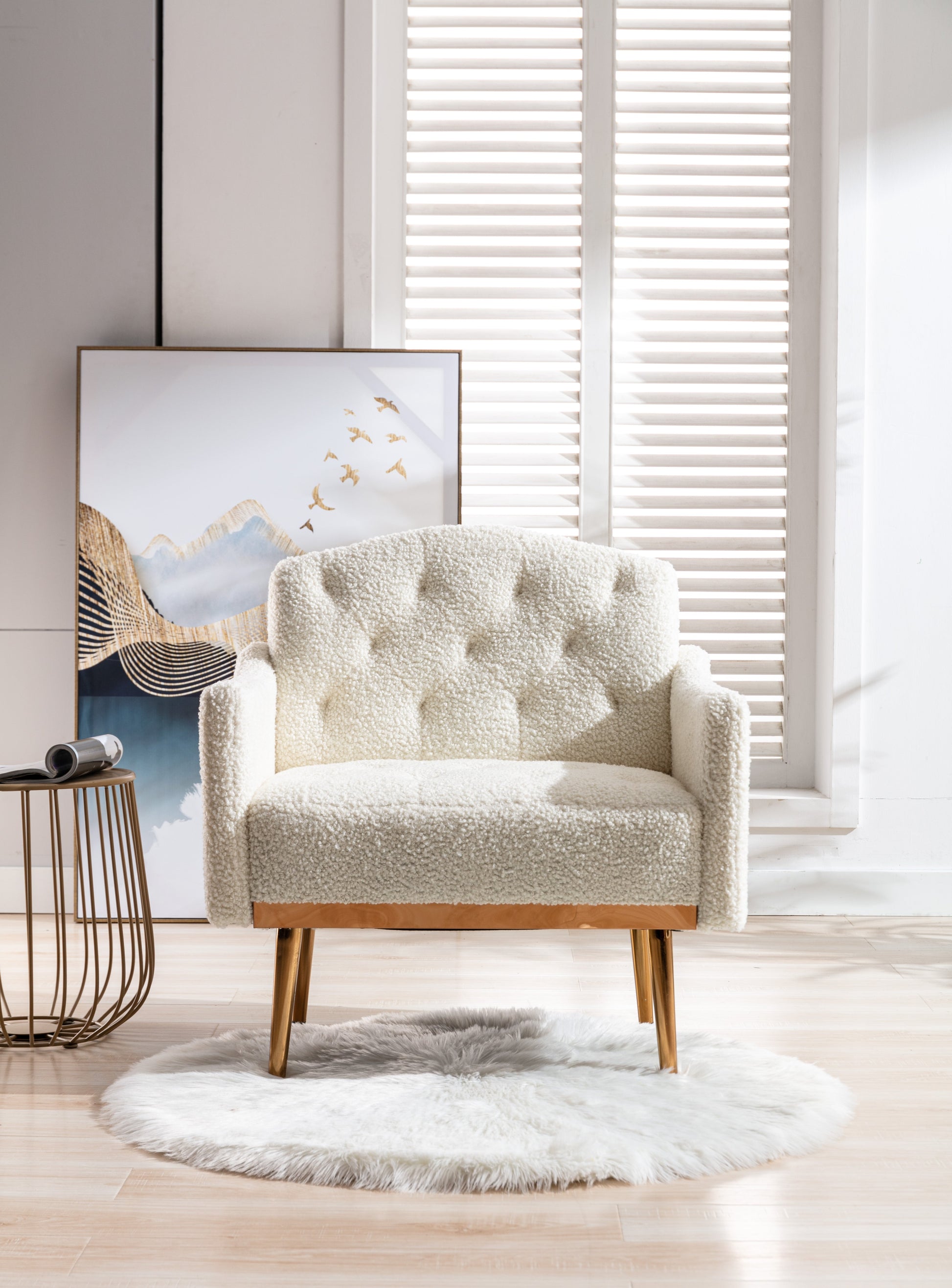 COOLMORE modern style armchair, plush decorative fabric armchair with golden metal legs (white teddy bear) - Korvel