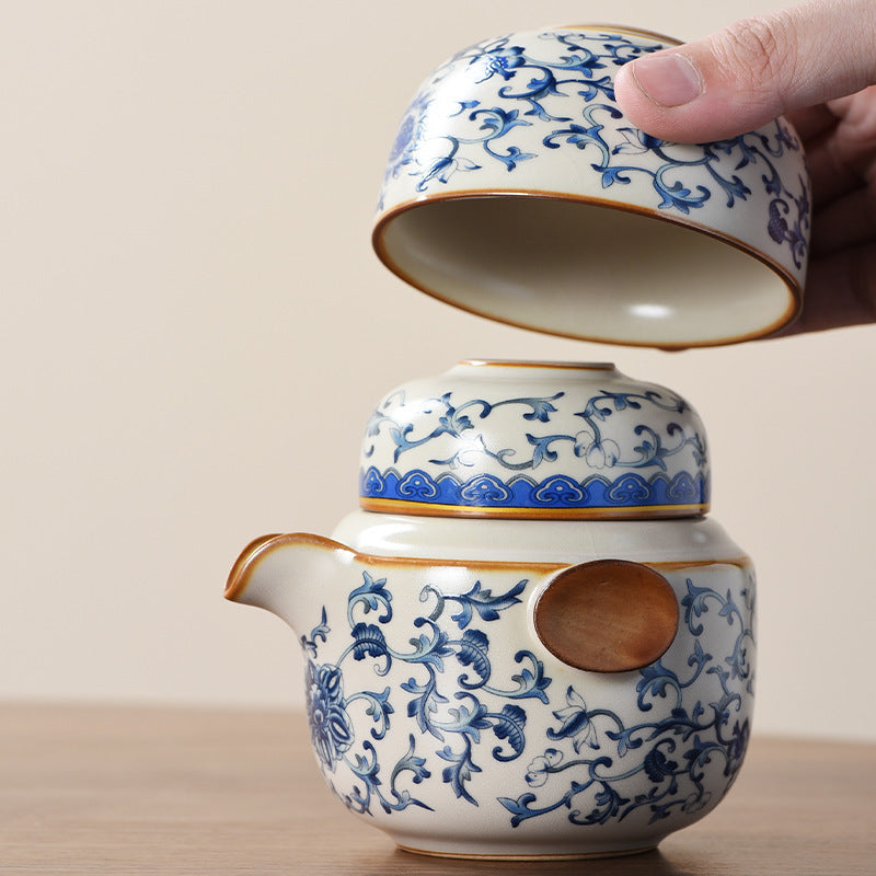 Elegante juego de té de viaje Ru kiln en azul y blanco