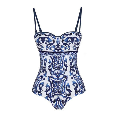 Blue and white porcelain print retro beach vacation hot spring swimsuit - Korvel