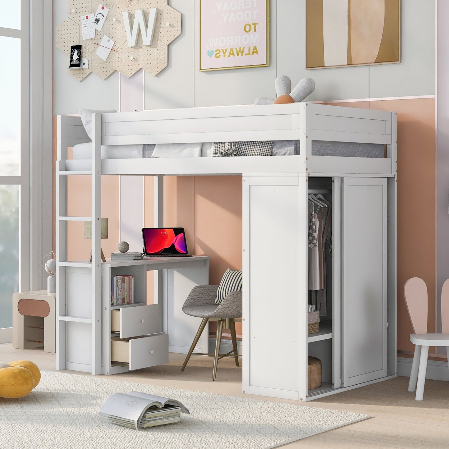 Wood Twin Size Loft Bed with Wardrobes and 2-Drawer Desk with Cabinet  White - Korvel