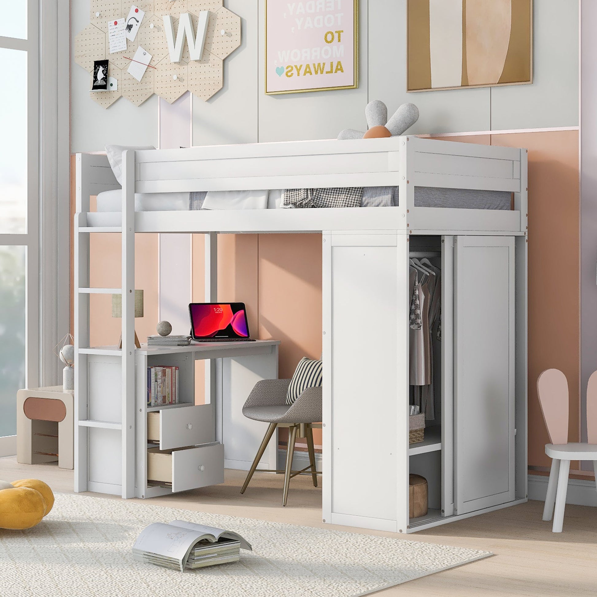Wood Twin Size Loft Bed with Wardrobes and 2-Drawer Desk with Cabinet  White - Korvel