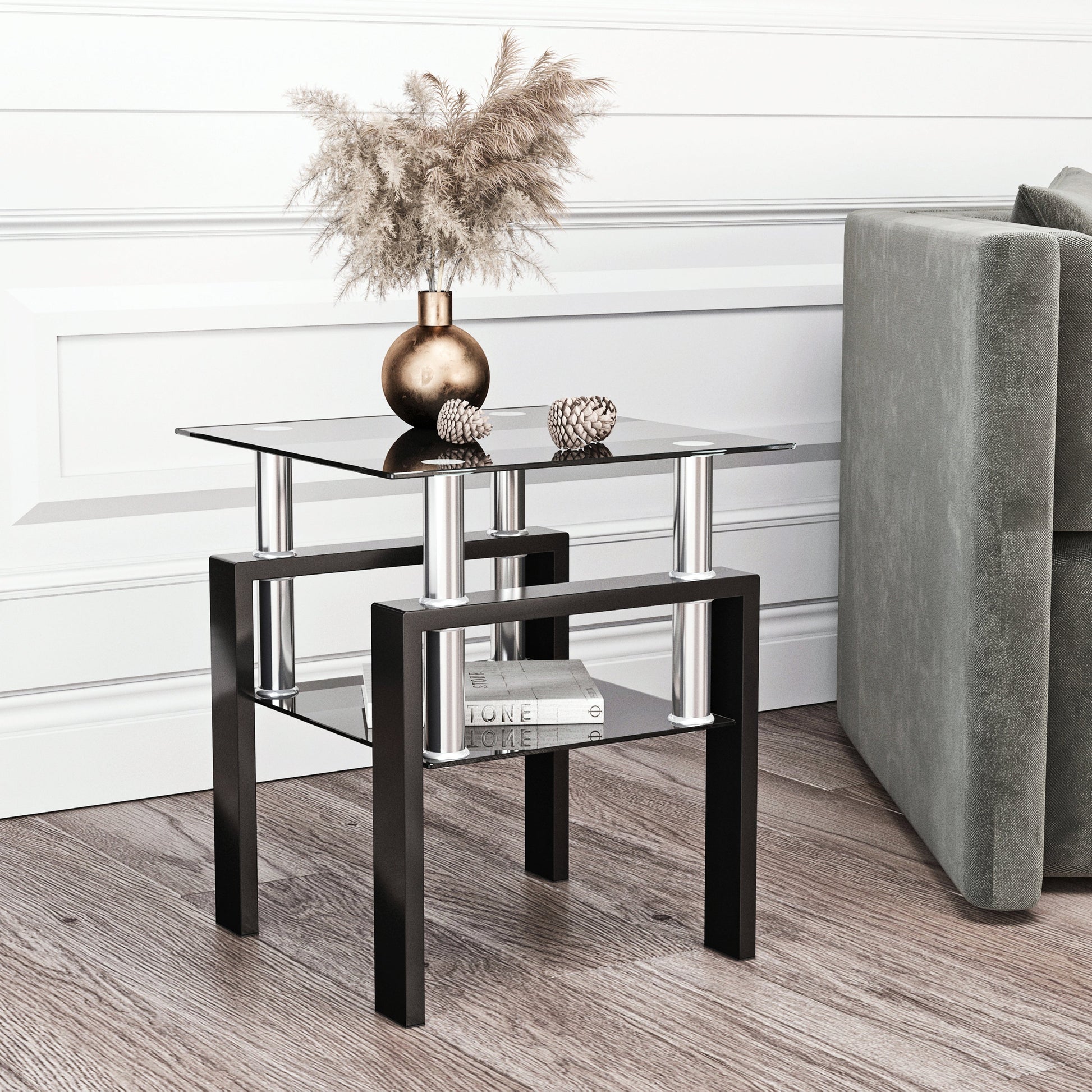 1-Piece Modern Tempered Glass Tea Table Coffee Table End Table, Square Table for Living Room, Black - Korvel