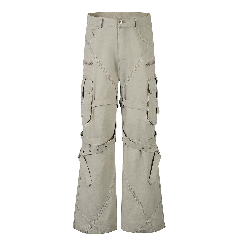 High Street Style Multi-Pocket Workwear Flared Trousers with Belt Design for Men - Korvel