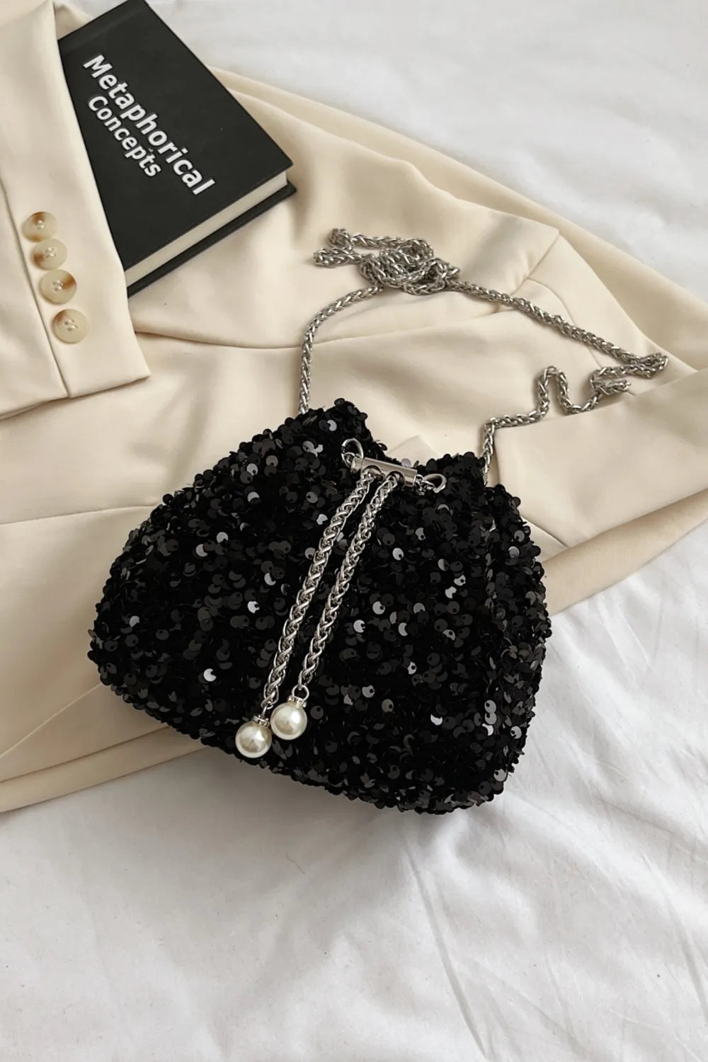 Sequin Chain Drawstring Bucket Bag - Korvel