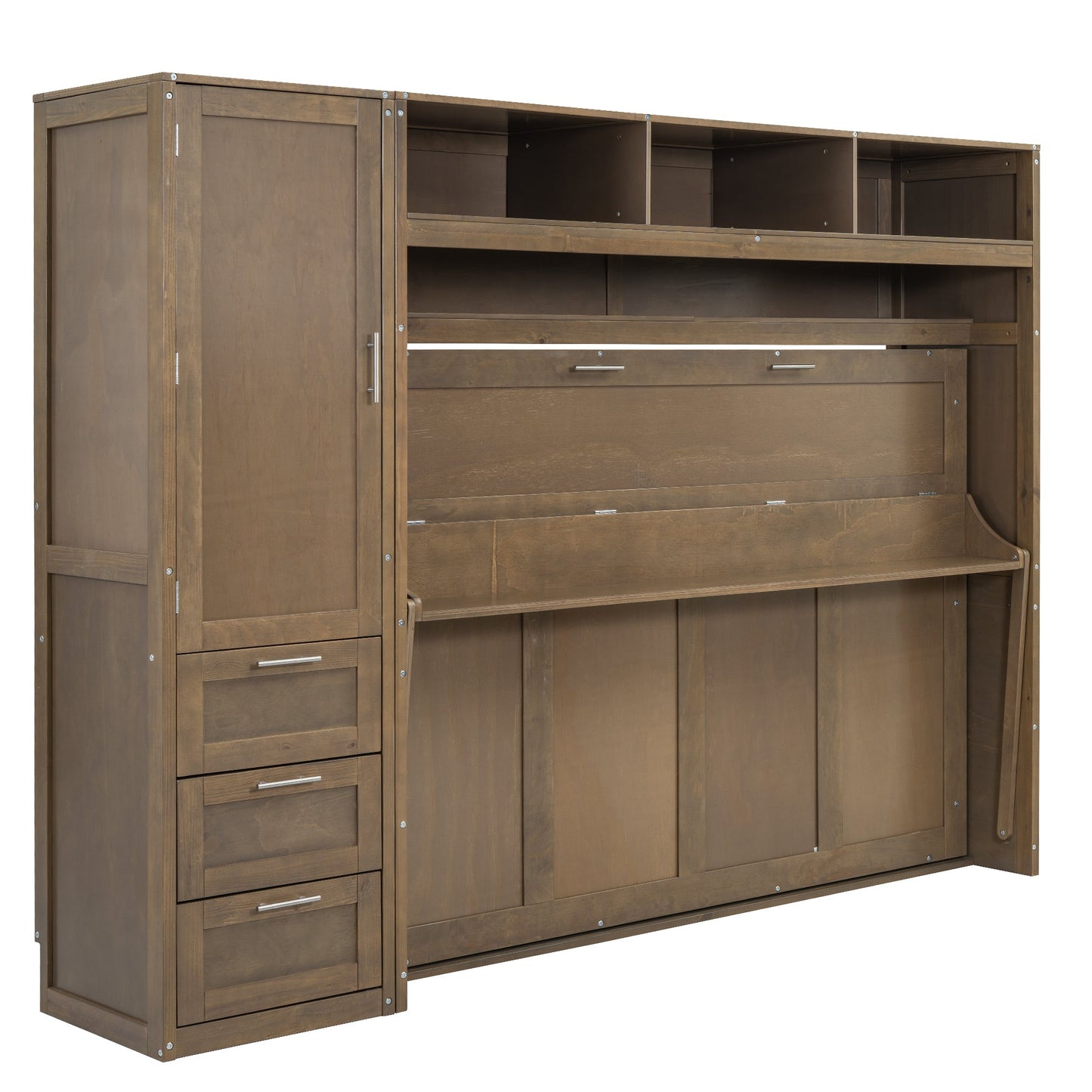 Full Size Murphy Bed with Wardrobe, Drawers and Open Shelves, Antique Grey - Korvel