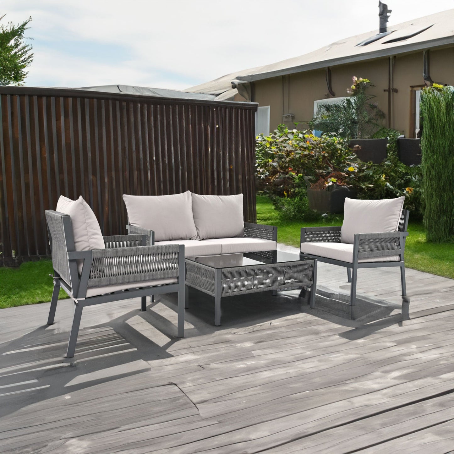 Outdoor Furniture with Tempered Glass Table Deep Seating with Thick Cushion for Backyard Porch Balcony (Grey) - Korvel