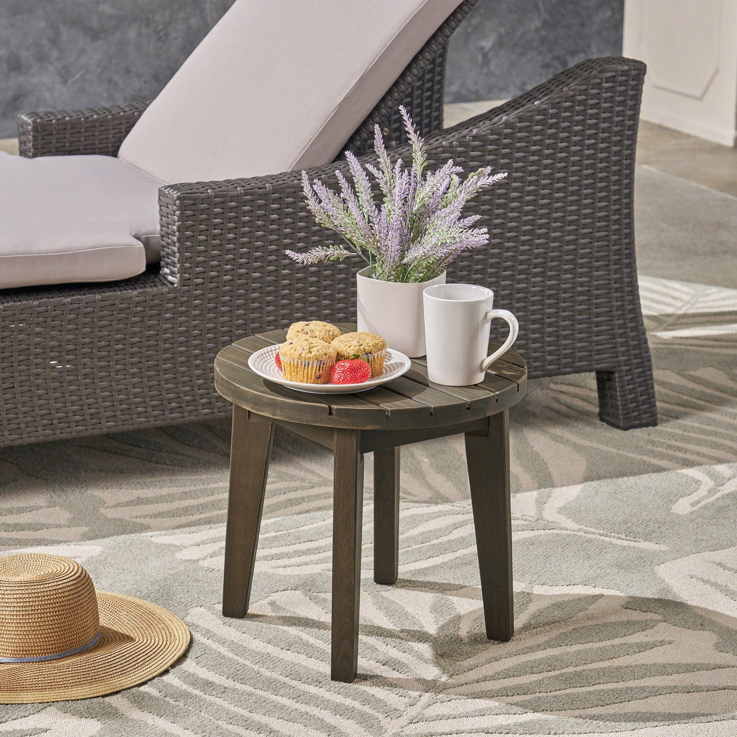 Outdoor 16" Acacia Wood Side Table, Gray Finish - Korvel